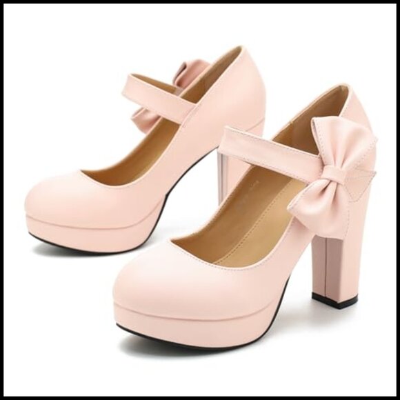 Platform Mary Jane Pumps with Bow 3.94 Inch Block Heel Elegant Wedding Shoes - Picture 7 of 7